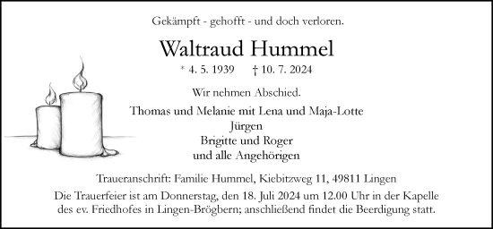Traueranzeige von Waltraud Hummel von Neue Osnabrücker Zeitung GmbH & Co. KG