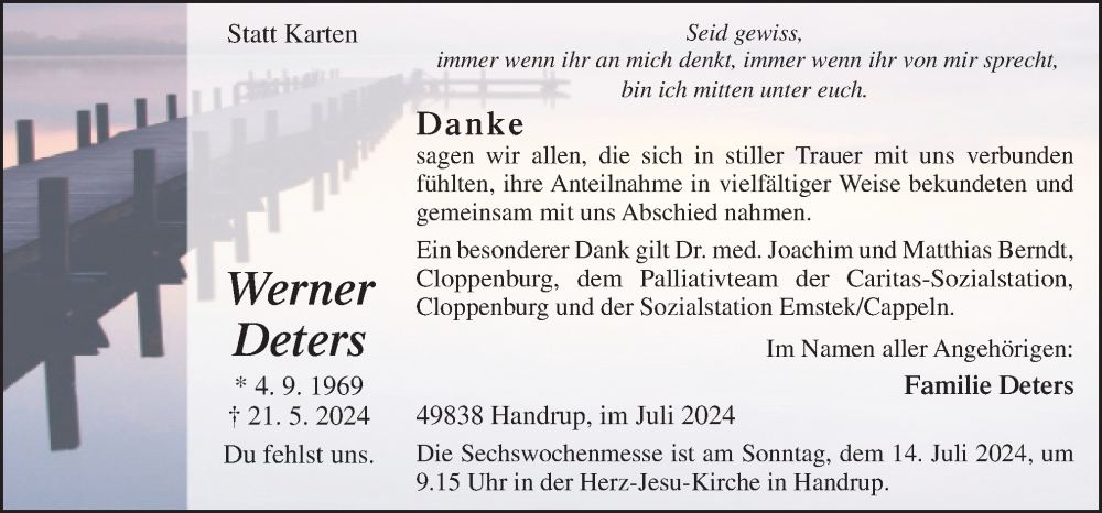  Traueranzeige für Werner Deters vom 12.07.2024 aus Neue Osnabrücker Zeitung GmbH & Co. KG