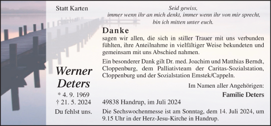 Traueranzeige von Werner Deters von Neue Osnabrücker Zeitung GmbH & Co. KG