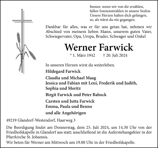 Traueranzeige von Werner Farwick von Neue Osnabrücker Zeitung GmbH & Co. KG