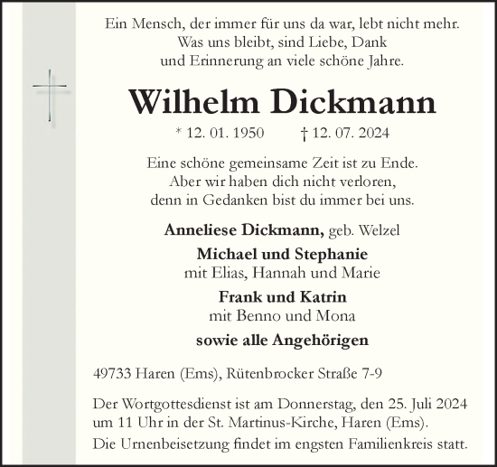Traueranzeige von Wilhelm Dickmann von Neue Osnabrücker Zeitung GmbH & Co. KG