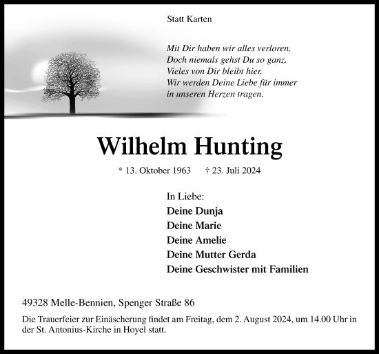 Traueranzeige von Wilhelm Hunting von Neue Osnabrücker Zeitung GmbH & Co. KG