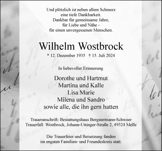 Traueranzeige von Wilhelm Wostbrock von Neue Osnabrücker Zeitung GmbH & Co. KG