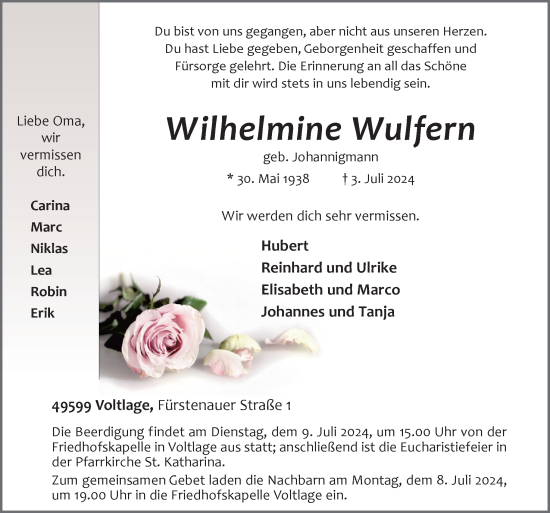 Traueranzeige von Wilhelmine Wulfern von Neue Osnabrücker Zeitung GmbH & Co. KG