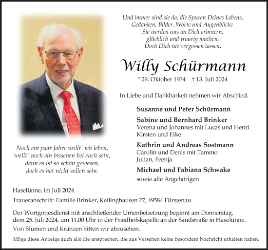 Traueranzeige von Willy Schürmann von Neue Osnabrücker Zeitung GmbH & Co. KG