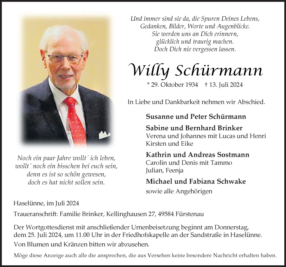  Traueranzeige für Willy Schürmann vom 20.07.2024 aus Neue Osnabrücker Zeitung GmbH & Co. KG