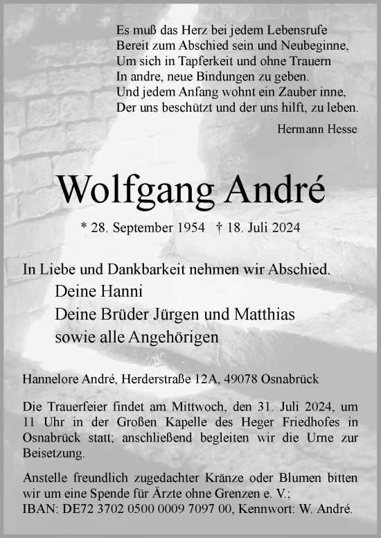 Traueranzeige von Wolfgang André von Neue Osnabrücker Zeitung GmbH & Co. KG