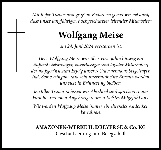 Traueranzeige von Wolfgang Meise von Neue Osnabrücker Zeitung GmbH & Co. KG