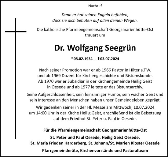 Traueranzeige von Wolfgang Seegrün von Neue Osnabrücker Zeitung GmbH & Co. KG