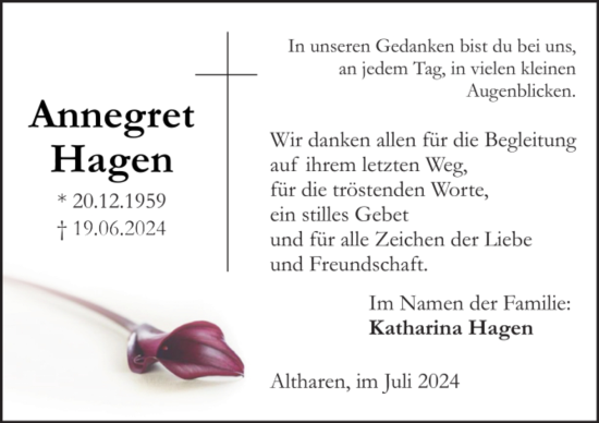 Traueranzeige von Annegret Hagen von Neue Osnabrücker Zeitung GmbH & Co. KG