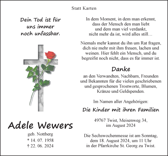 Traueranzeige von Adele Wewers von Neue Osnabrücker Zeitung GmbH & Co. KG