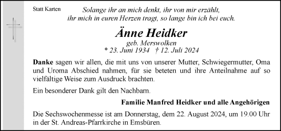 Traueranzeige von Änne Heidker von Neue Osnabrücker Zeitung GmbH & Co. KG