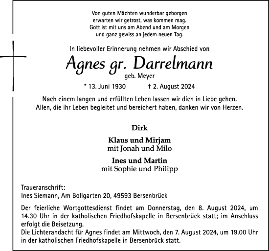 Traueranzeige von Agnes Darrelmann von Neue Osnabrücker Zeitung GmbH & Co. KG