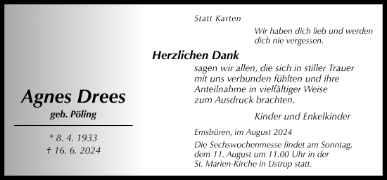 Traueranzeige von Agnes Drees von Neue Osnabrücker Zeitung GmbH & Co. KG
