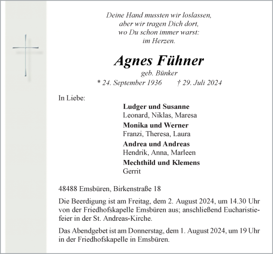 Traueranzeige von Agnes Fühner von Neue Osnabrücker Zeitung GmbH & Co. KG