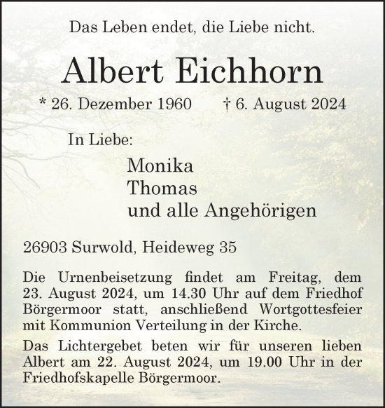 Traueranzeige von Albert Eichhorn von Neue Osnabrücker Zeitung GmbH & Co. KG