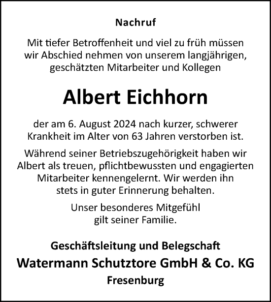 Traueranzeige von Albert Eichhorn von Neue Osnabrücker Zeitung GmbH & Co. KG