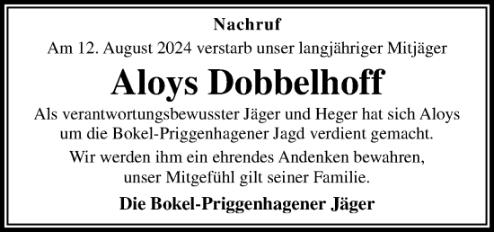 Traueranzeige von Aloys Dobbelhoff von Neue Osnabrücker Zeitung GmbH & Co. KG