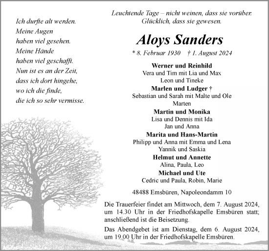 Traueranzeige von Aloys Sanders von Neue Osnabrücker Zeitung GmbH & Co. KG