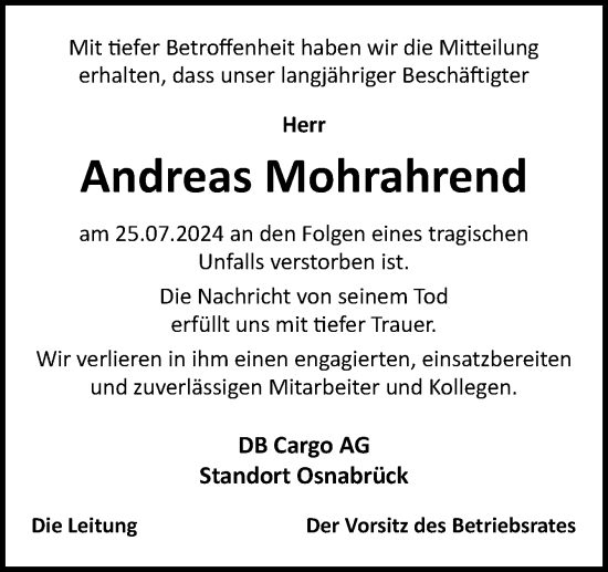 Traueranzeige von Andreas Mohrahrend von Neue Osnabrücker Zeitung GmbH & Co. KG