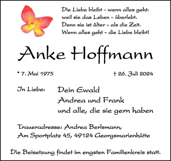 Traueranzeige von Anke Hoffmann von Neue Osnabrücker Zeitung GmbH & Co. KG