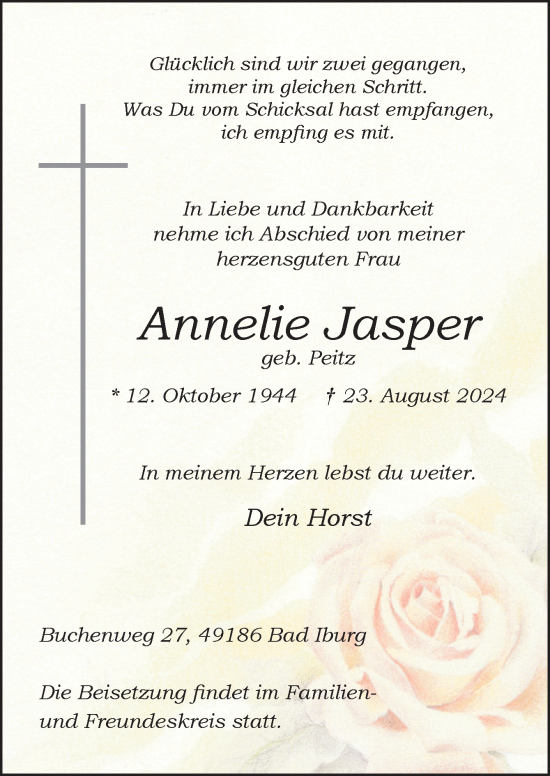 Traueranzeige von Annelie Jasper von Neue Osnabrücker Zeitung GmbH & Co. KG