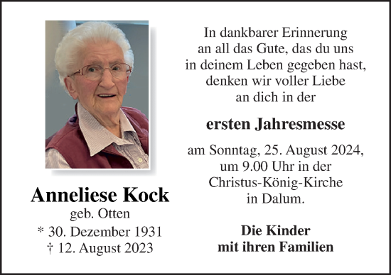 Traueranzeige von Anneliese Kock von Neue Osnabrücker Zeitung GmbH & Co. KG