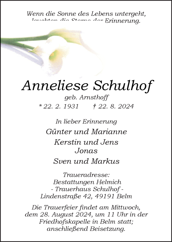 Traueranzeige von Anneliese Schulhof von Neue Osnabrücker Zeitung GmbH & Co. KG