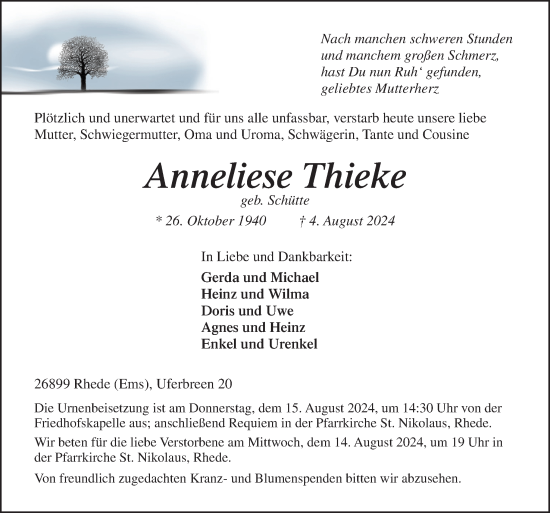 Traueranzeige von Anneliese Thieke von Neue Osnabrücker Zeitung GmbH & Co. KG