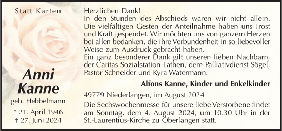 Traueranzeige von Anni Kanne von Neue Osnabrücker Zeitung GmbH & Co. KG