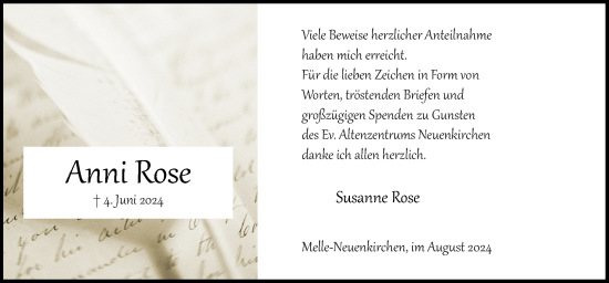 Traueranzeige von Anni Rose von Neue Osnabrücker Zeitung GmbH & Co. KG