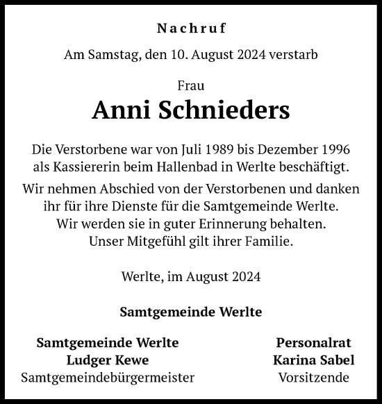 Traueranzeige von Anni Schnieders von Neue Osnabrücker Zeitung GmbH & Co. KG