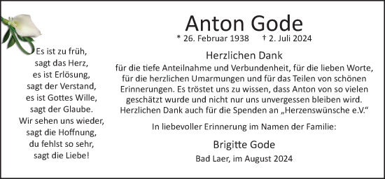 Traueranzeige von Anton Gode von Neue Osnabrücker Zeitung GmbH & Co. KG