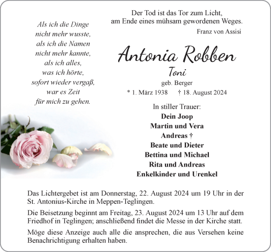 Traueranzeige von Antonia Robben von Neue Osnabrücker Zeitung GmbH & Co. KG