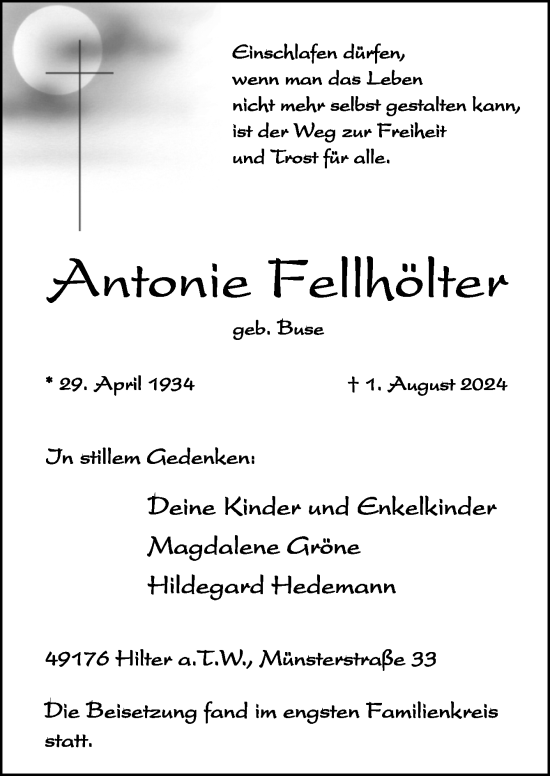 Traueranzeige von Antonie Fellhölter von Neue Osnabrücker Zeitung GmbH & Co. KG