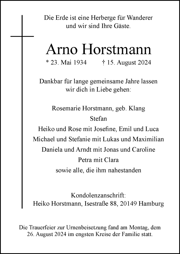  Traueranzeige für Arno Horstmann vom 31.08.2024 aus Neue Osnabrücker Zeitung GmbH & Co. KG