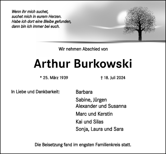 Traueranzeige von Arthur Burkowski von Neue Osnabrücker Zeitung GmbH & Co. KG