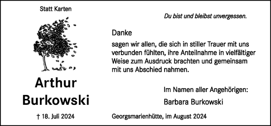 Traueranzeige von Arthur Burkowski von Neue Osnabrücker Zeitung GmbH & Co. KG