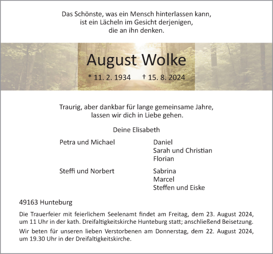 Traueranzeige von August Wolke von Neue Osnabrücker Zeitung GmbH & Co. KG