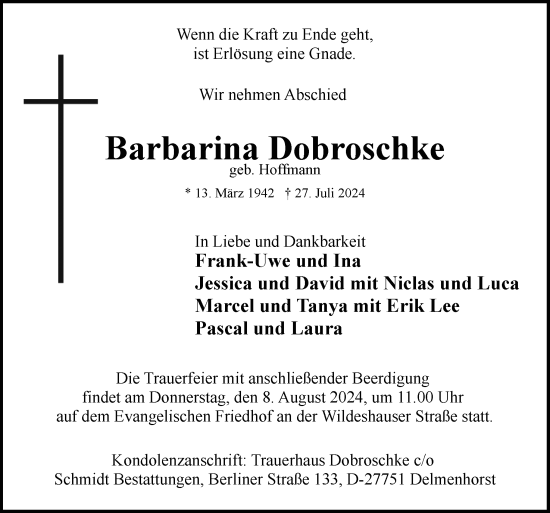 Traueranzeige von Barbarina Dobroschke von DK Medien GmbH & Co. KG