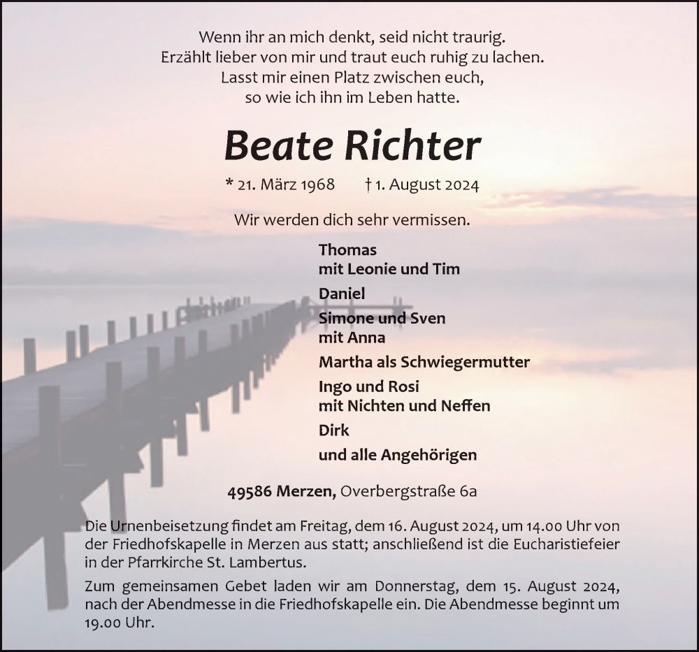  Traueranzeige für Beate Richter vom 10.08.2024 aus Neue Osnabrücker Zeitung GmbH & Co. KG