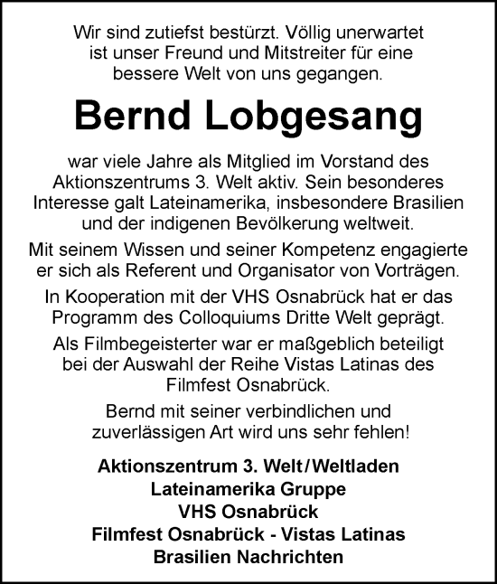 Traueranzeige von Bernd Lobgesang von Neue Osnabrücker Zeitung GmbH & Co. KG