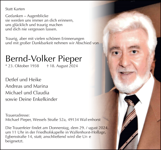 Traueranzeige von Bernd-Volker Pieper von Neue Osnabrücker Zeitung GmbH & Co. KG