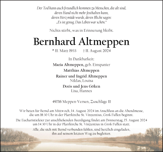 Traueranzeige von Bernhard Altmeppen von Neue Osnabrücker Zeitung GmbH & Co. KG