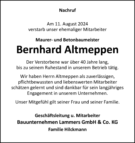 Traueranzeige von Bernhard Altmeppen von Neue Osnabrücker Zeitung GmbH & Co. KG