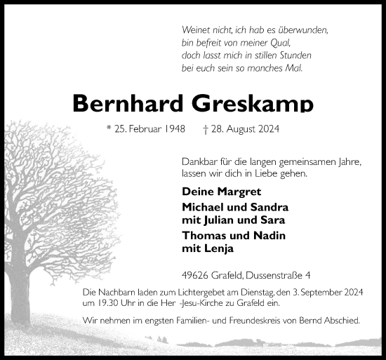 Traueranzeige von Bernhard Greskamp von Neue Osnabrücker Zeitung GmbH & Co. KG