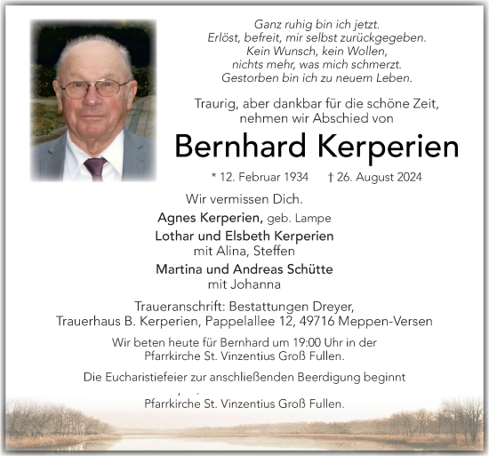 Traueranzeige von Bernhard Kerperien von Neue Osnabrücker Zeitung GmbH & Co. KG