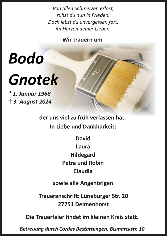  Traueranzeige für Bodo Gnotek vom 10.08.2024 aus DK Medien GmbH & Co. KG