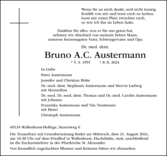 Traueranzeige von Bruno Austermann von Neue Osnabrücker Zeitung GmbH & Co. KG