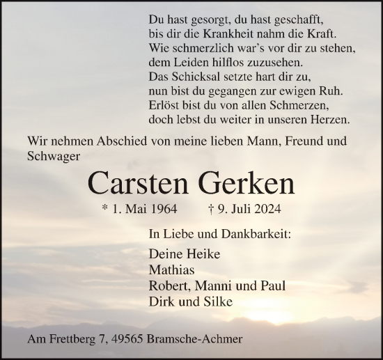 Traueranzeige von Carsten Gerken von Neue Osnabrücker Zeitung GmbH & Co. KG